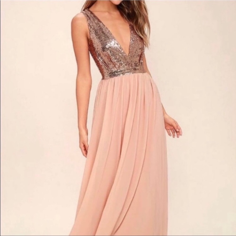 Lulus elegant encounter blush rose gold sequins full length gown large